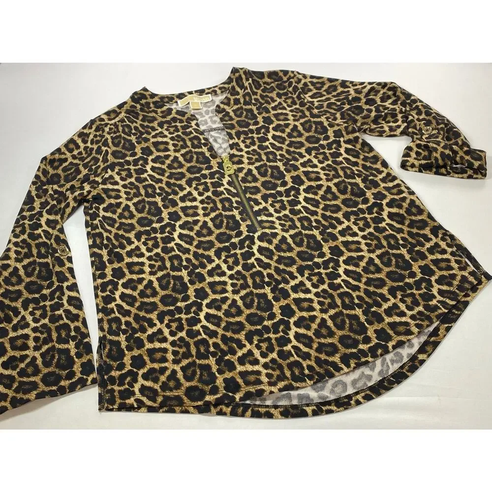 Michael Kors Leopard Print Zip Front Top – Long Sleeve Medium